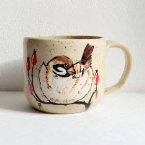kubek ceramiczny ręcznie malowany z wróblem