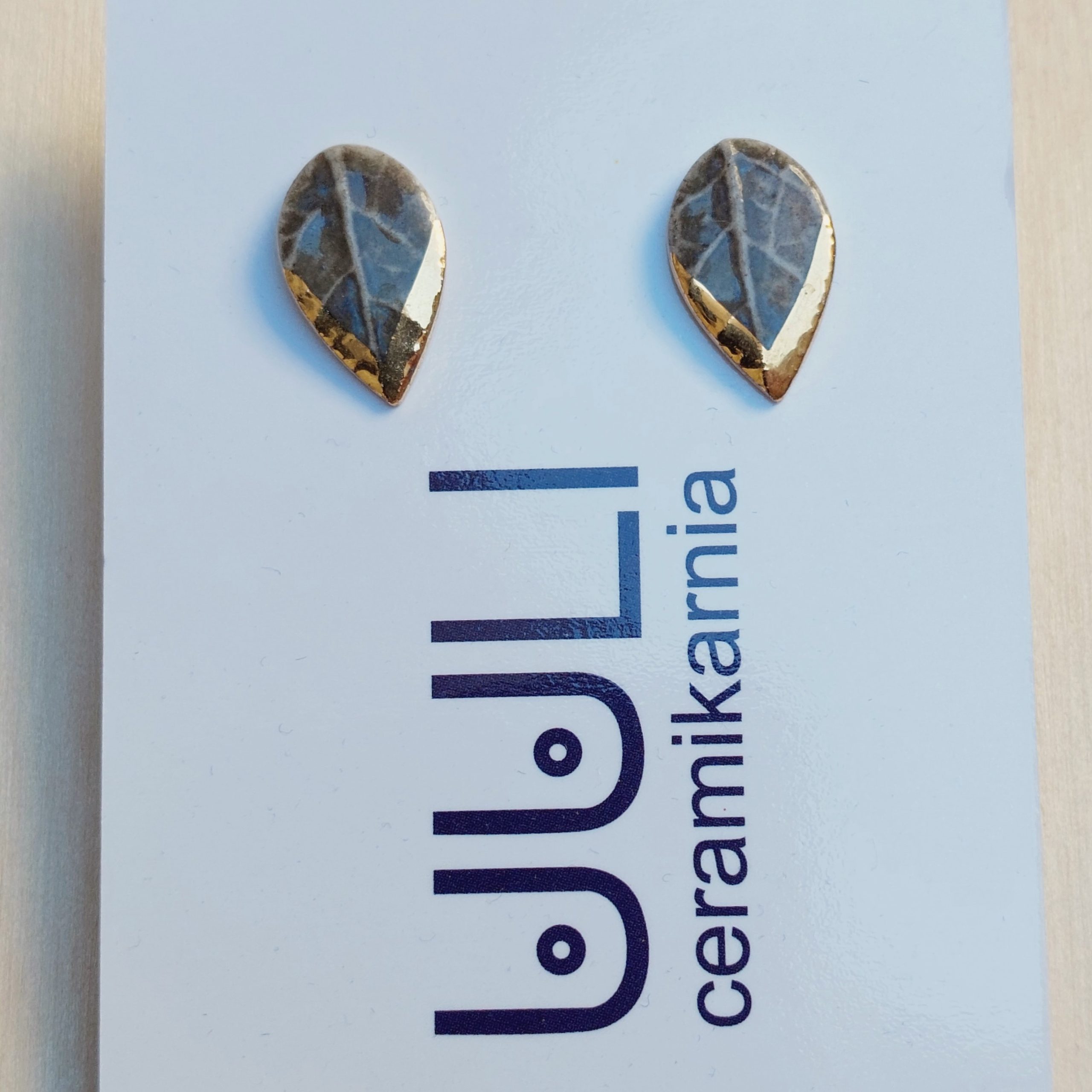 Porcelain earrings gold-plated gray leaves - Image 4