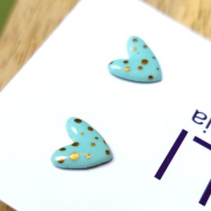 gold-plated porcelain earrings with mint hearts