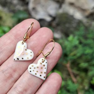 gold-plated porcelain pink heart hanging earrings